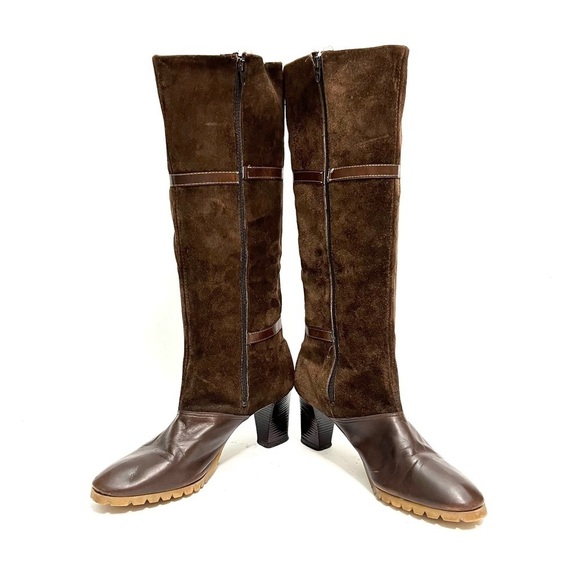 Vintage 1970s brown suede leather accent knee high zip up heeled fashion boots - Picture 6 of 9